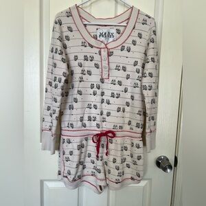 Make Pretty Kensie Owl Print Thermal Romper Size XL Cream Red Trim Lounge